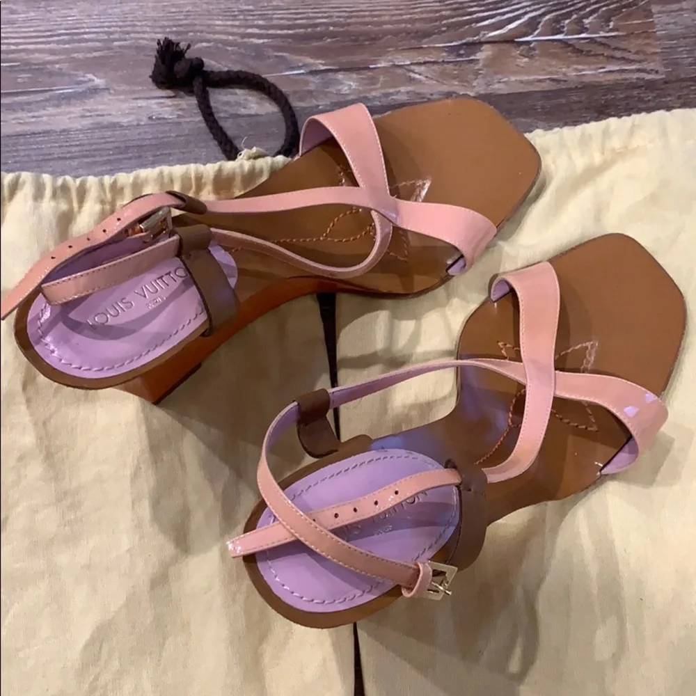 Louis Vuitton Pink and Brown Patent Leather Wedge Sandals